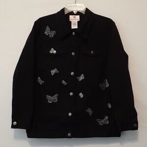 Women's QUACKER FACTORY Black Denim Jean Jacket w Sequin Butterflies; Size M